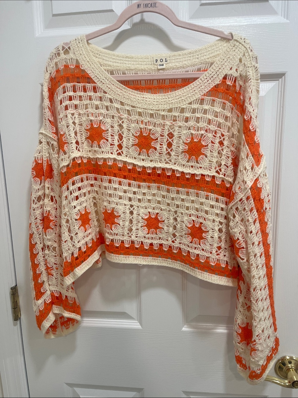 POL Crochet Open-Weave Crewneck Sweater in Cream and Orange